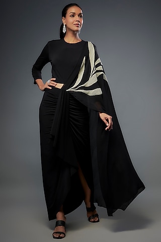 Black Linen Satin Embroidered Draped Skirt Set by Namrata Joshipura