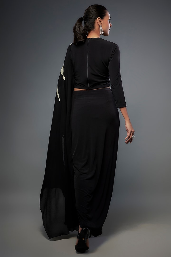 Black Linen Satin Embroidered Draped Skirt Set by Namrata Joshipura at Pernia's Pop Up Shop