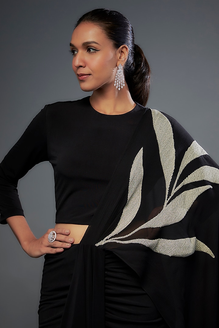 Black Linen Satin Embroidered Draped Skirt Set by Namrata Joshipura at Pernia's Pop Up Shop