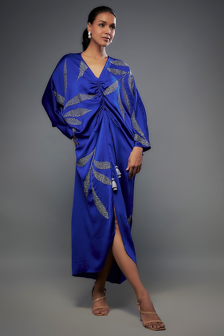 Egyptian Blue Satin Floral Embellished Draped Dress by Namrata Joshipura