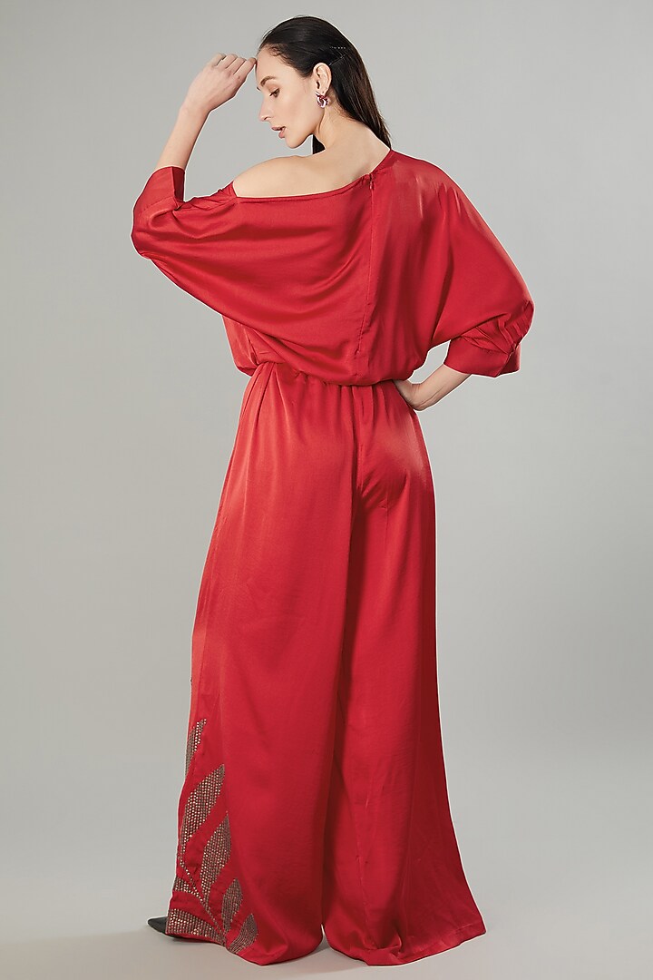 Scarlet Satin Floral Hand Embellished Jumpsuit by Namrata Joshipura at Pernia's Pop Up Shop