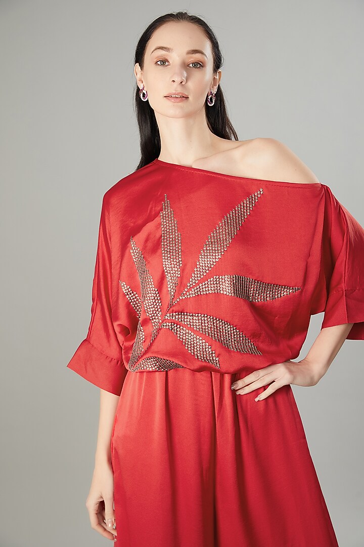 Scarlet Satin Floral Hand Embellished Jumpsuit by Namrata Joshipura at Pernia's Pop Up Shop