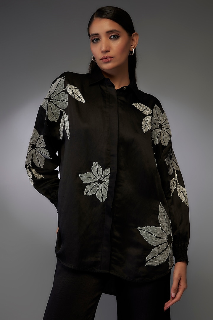 Black Linen Satin Hand & Machine Embellished Boxy Shirt by Namrata Joshipura