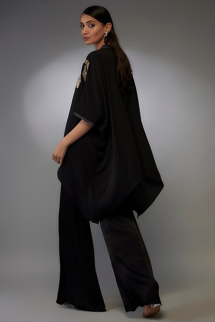 Black Linen Satin Hand & Machine Embellished Boxy Tunic by Namrata Joshipura at Pernia's Pop Up Shop