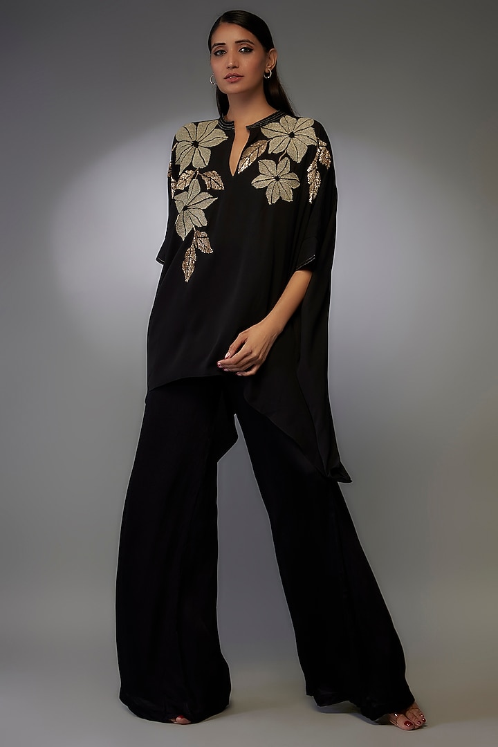 Black Linen Satin Hand & Machine Embellished Boxy Tunic by Namrata Joshipura at Pernia's Pop Up Shop