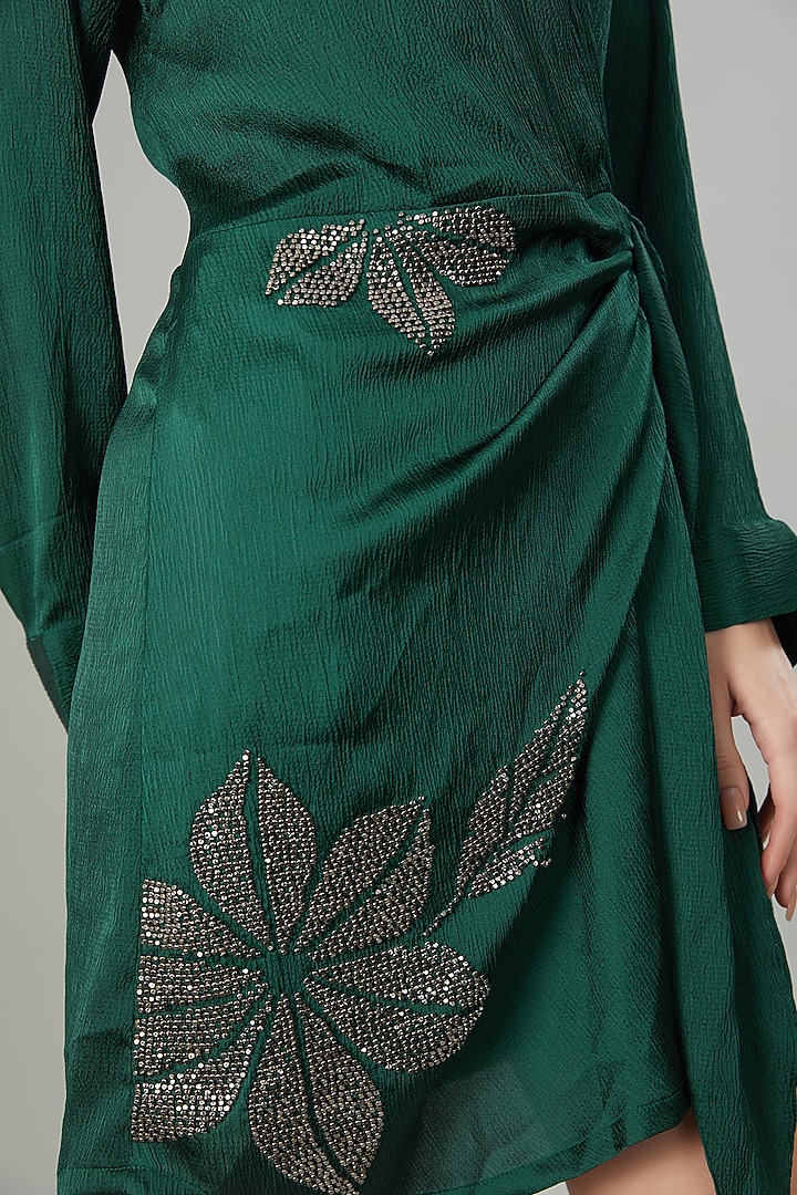 Hunter Green Satin Floral Hand Embellished Mini Wrap Vacation Dress by Namrata Joshipura at Pernia's Pop Up Shop