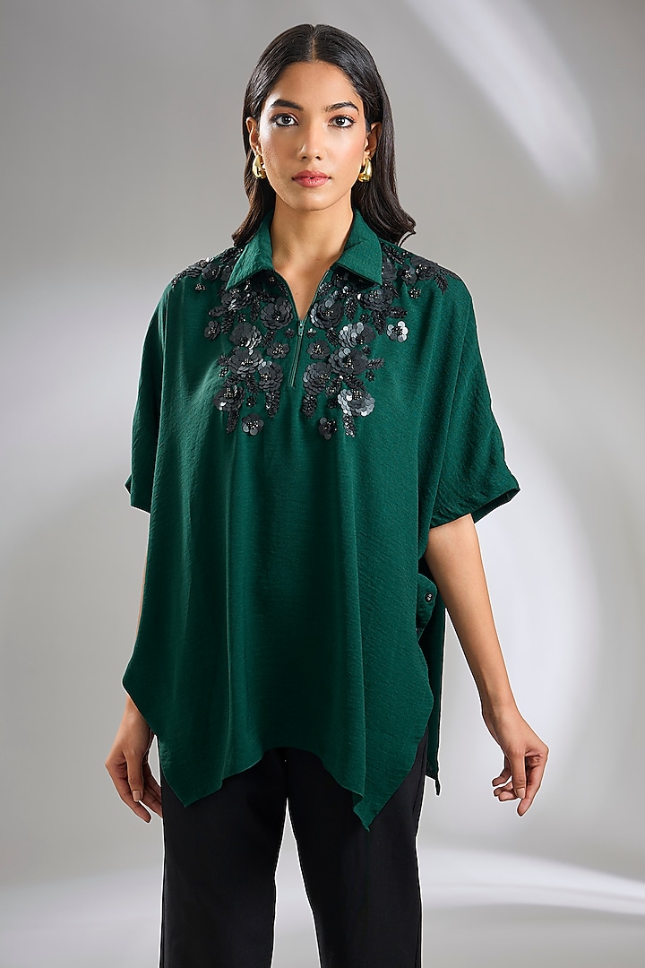 Hunter Green Textured Crepe Hand Embellished Top by Namrata Joshipura at Pernia's Pop Up Shop