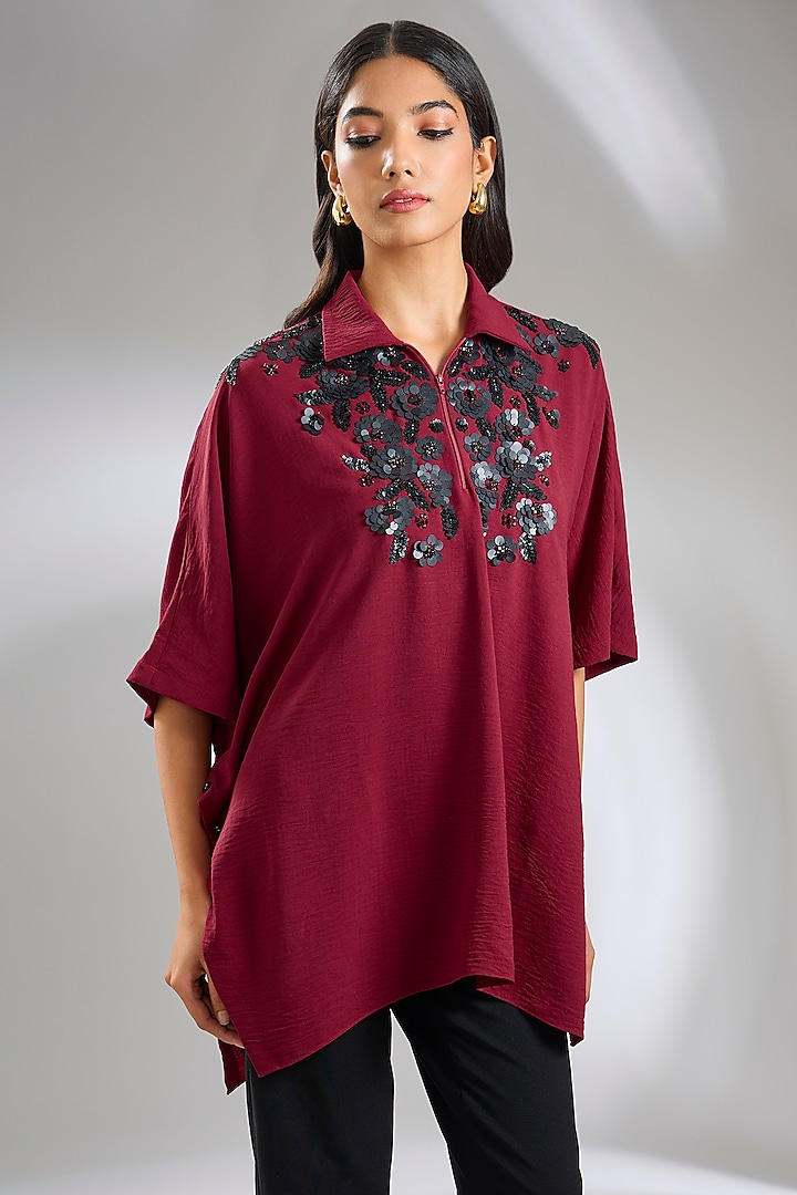 Red Textured Crepe Hand Embellished Top by Namrata Joshipura at Pernia's Pop Up Shop