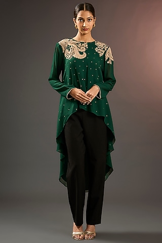 Hunter Green Georgette Printed & Hand Embellished Tunic by Namrata Joshipura