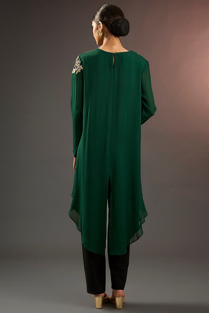Hunter Green Georgette Printed & Hand Embellished Tunic by Namrata Joshipura at Pernia's Pop Up Shop