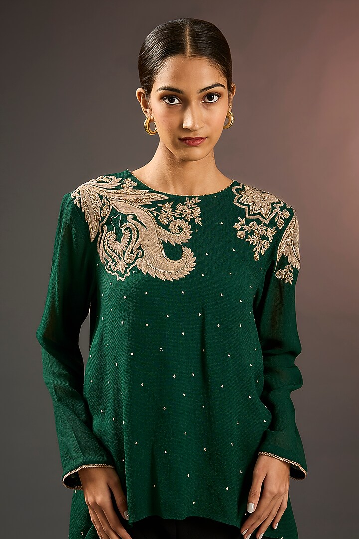 Hunter Green Georgette Printed & Hand Embellished Tunic by Namrata Joshipura at Pernia's Pop Up Shop