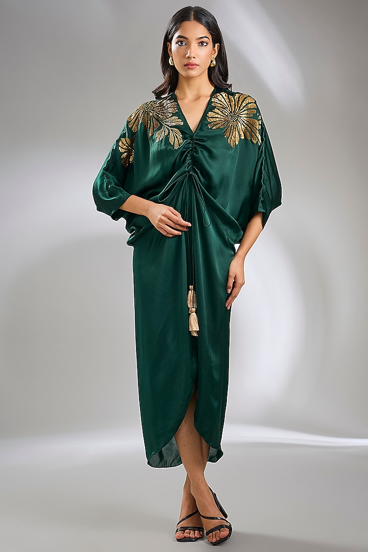 Hunter Green Satin Midi Dress by Namrata Joshipura at Pernia's Pop Up Shop