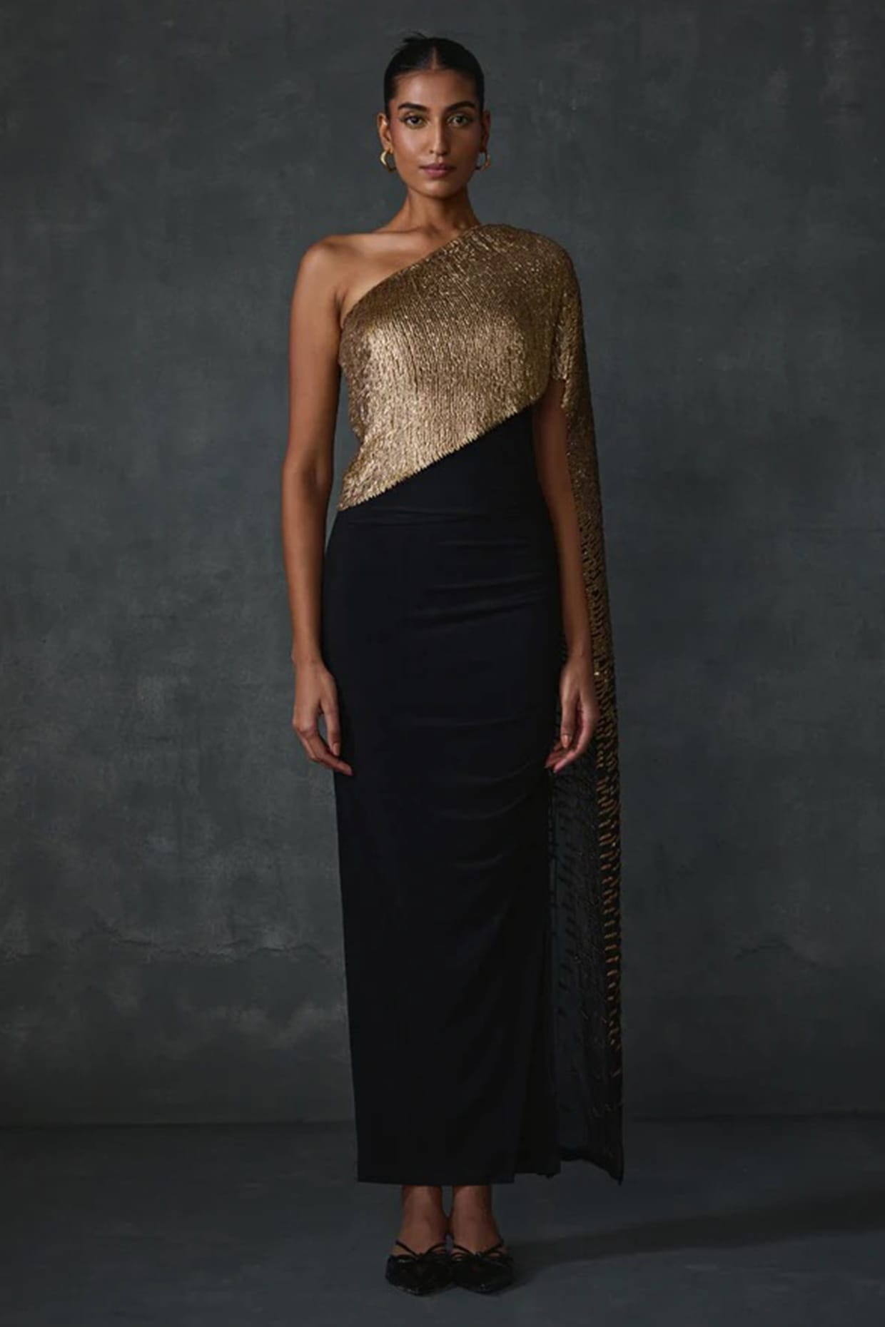 Black Jersey Stripe Hand Embellished Off-Shoulder Engagement Gown by  Namrata Joshipura at Pernia's Pop Up Shop