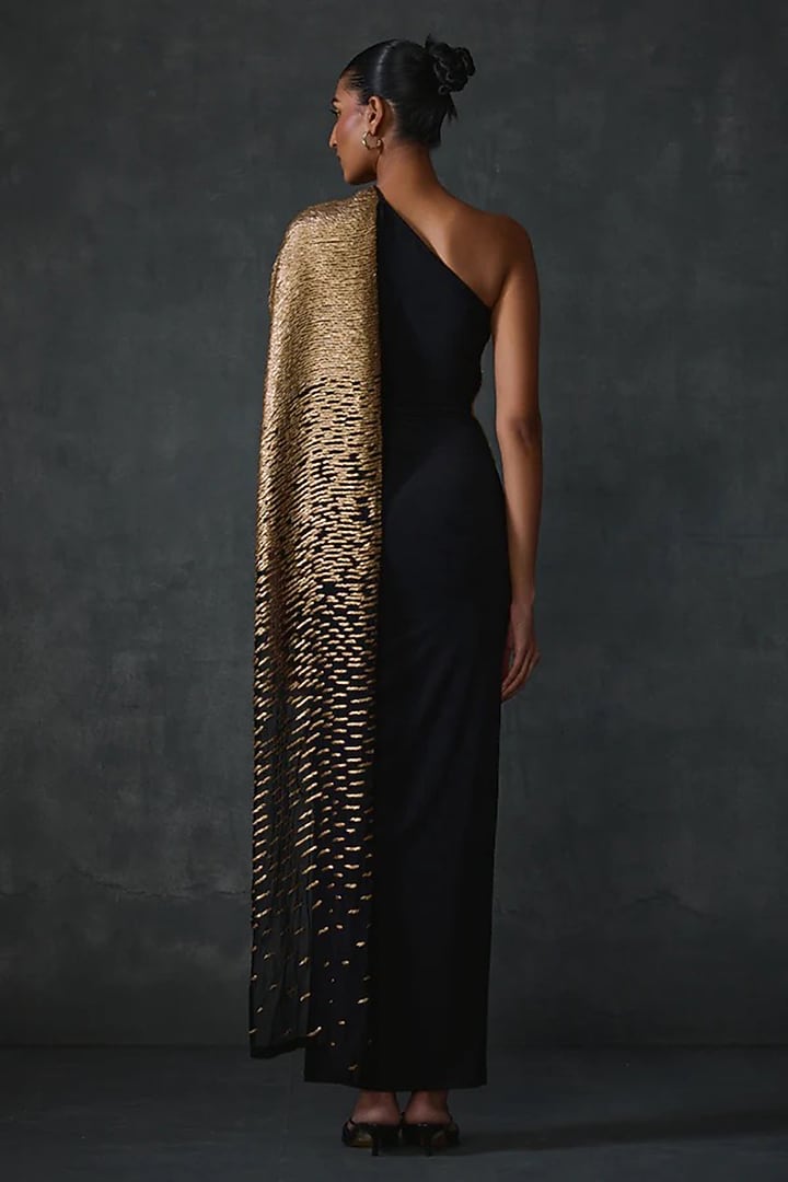 Black Jersey Stripe Hand Embellished Off-Shoulder Engagement Gown by Namrata Joshipura at Pernia's Pop Up Shop