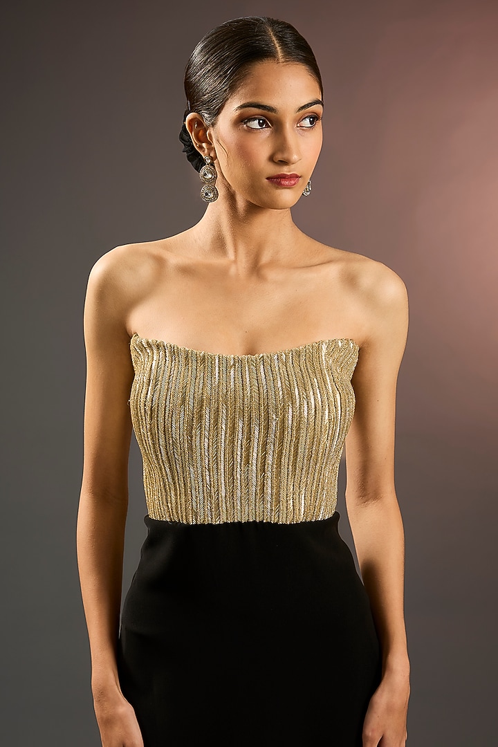 Black & Golden Heavy Satin Hand Embellished Wedding Gown by Namrata Joshipura at Pernia's Pop Up Shop