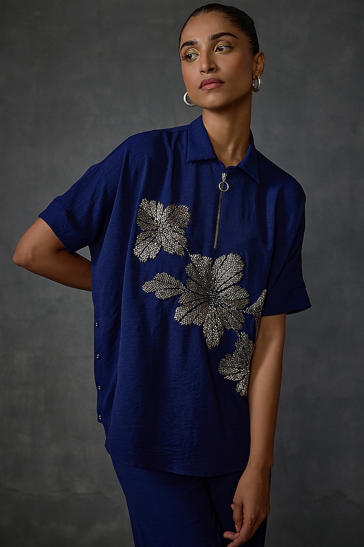 Blueberry-Colored Textured Crepe Hand Embellished Top by Namrata Joshipura at Pernia's Pop Up Shop