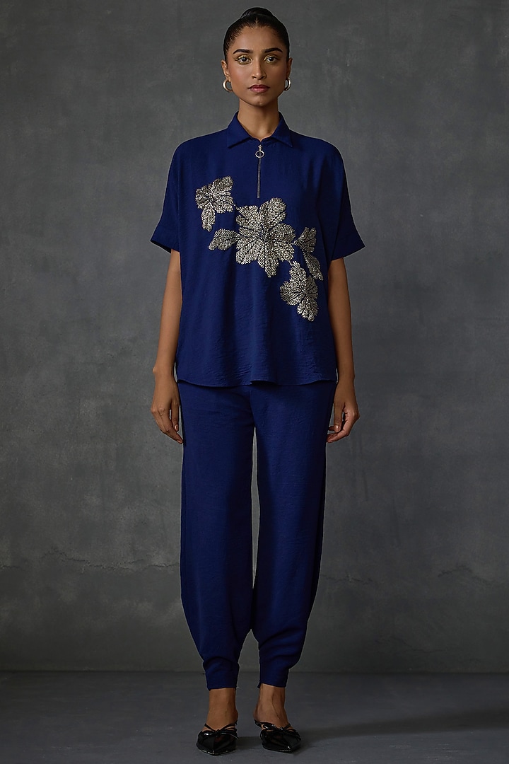 Blueberry-Colored Textured Crepe Hand Embellished Top by Namrata Joshipura at Pernia's Pop Up Shop