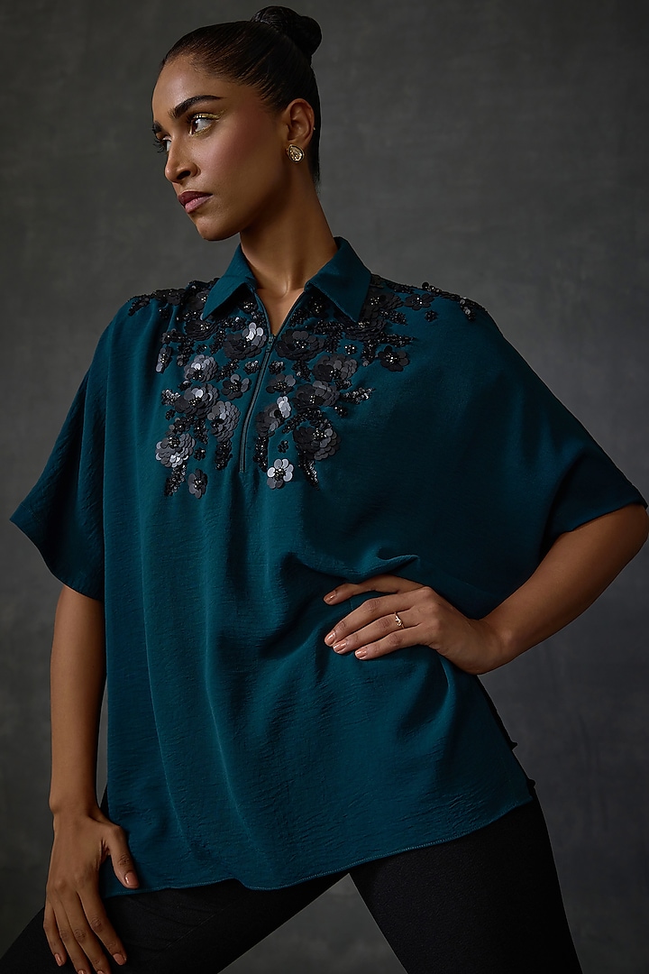 Hunter Green Crepe Textured Crepe Hand Embellished Top by Namrata Joshipura at Pernia's Pop Up Shop