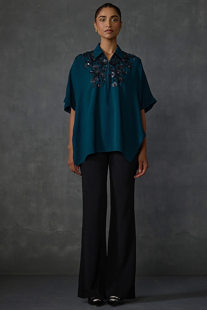 Hunter Green Crepe Textured Crepe Hand Embellished Top by Namrata Joshipura at Pernia's Pop Up Shop
