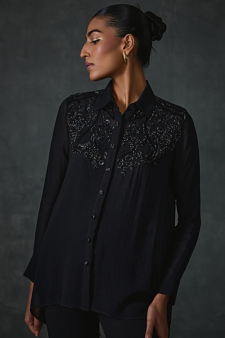 Black Georgette Hand Embellished Shirt by Namrata Joshipura at Pernia's Pop Up Shop