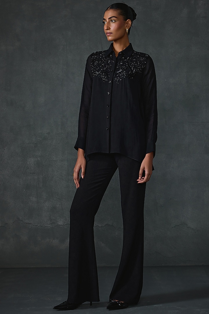 Black Georgette Hand Embellished Shirt by Namrata Joshipura at Pernia's Pop Up Shop