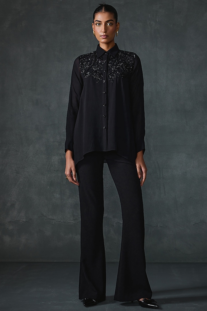 Black Georgette Hand Embellished Shirt by Namrata Joshipura at Pernia's Pop Up Shop