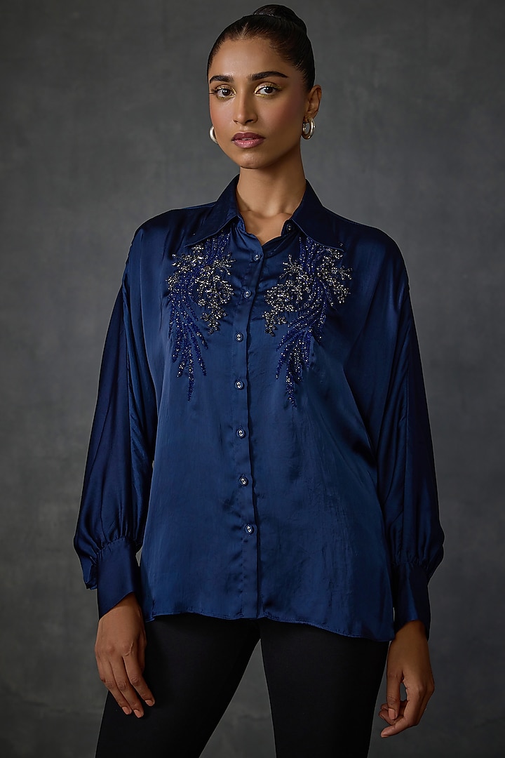 Blueberry-Colored Satin Floral Hand Embellished Shirt by Namrata Joshipura at Pernia's Pop Up Shop