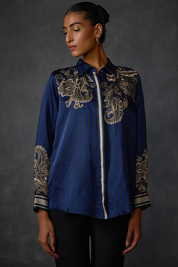 Blueberry-Colored Linen Satin Paisley Printed Shirt by Namrata Joshipura at Pernia's Pop Up Shop