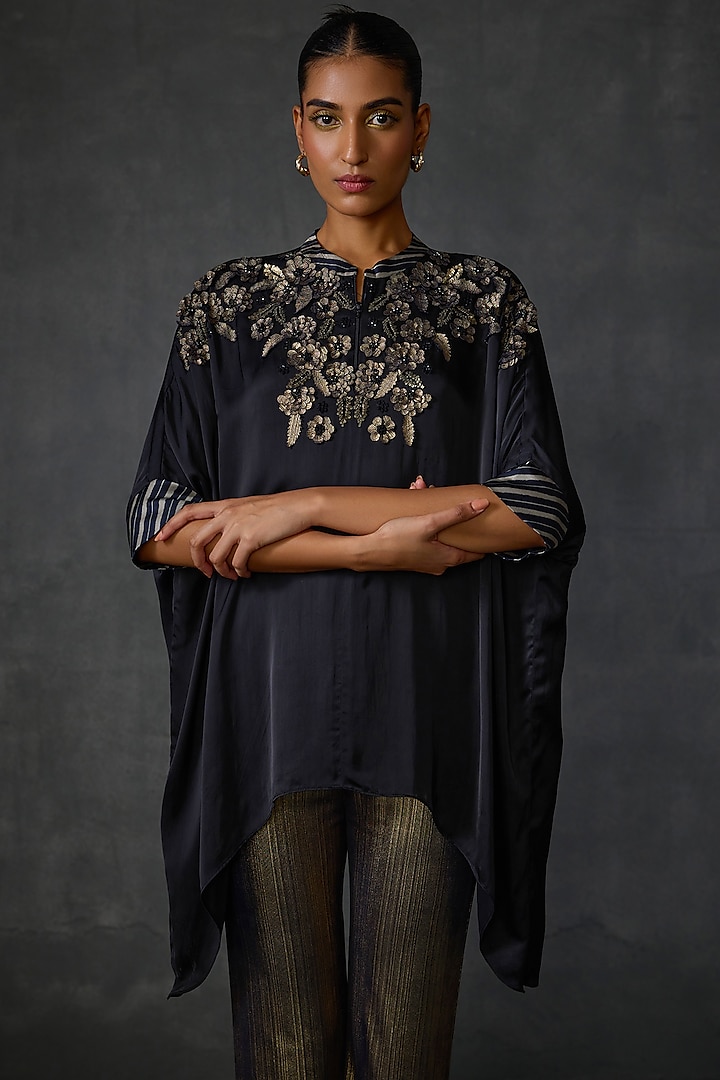 Black Satin Floral Embellished Handkerchief Tunic by Namrata Joshipura at Pernia's Pop Up Shop