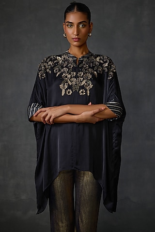 Black Satin Floral Embellished Handkerchief Tunic by Namrata Joshipura