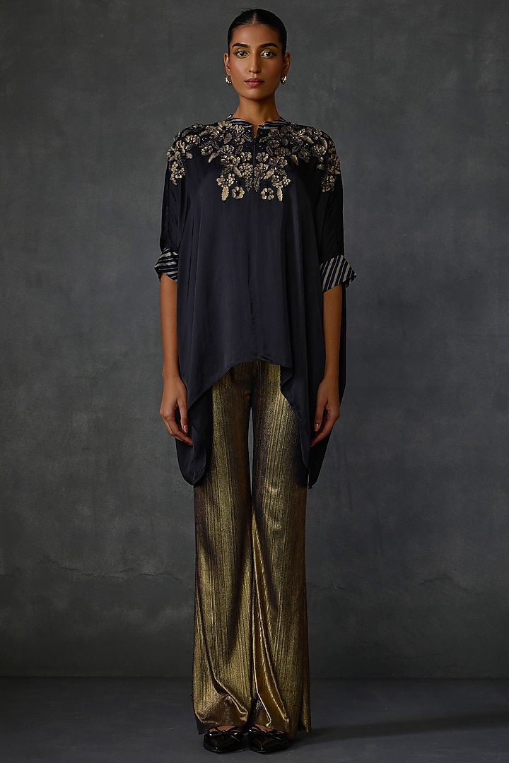 Black Satin Floral Embellished Handkerchief Tunic by Namrata Joshipura at Pernia's Pop Up Shop