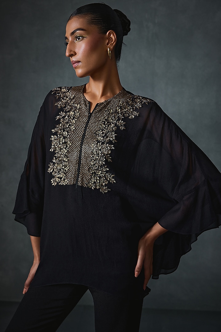 Black Georgette Hand Embellished Tunic by Namrata Joshipura at Pernia's Pop Up Shop