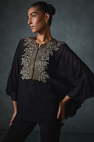 Black Georgette Hand Embellished Tunic by Namrata Joshipura