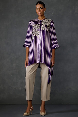 Purple Satin Floral Embellished Asymmetric Tunic by Namrata Joshipura