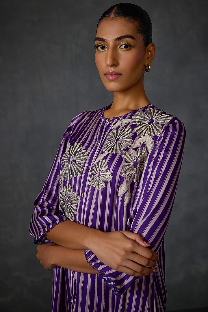 Purple Satin Floral Embellished Asymmetric Tunic by Namrata Joshipura at Pernia's Pop Up Shop