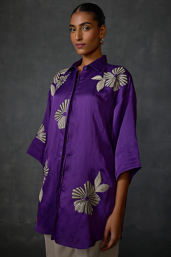 Purple Satin Floral Embellished Shirt Tunic by Namrata Joshipura at Pernia's Pop Up Shop