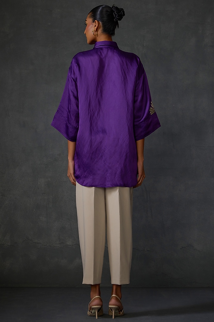Purple Satin Floral Embellished Shirt Tunic by Namrata Joshipura at Pernia's Pop Up Shop