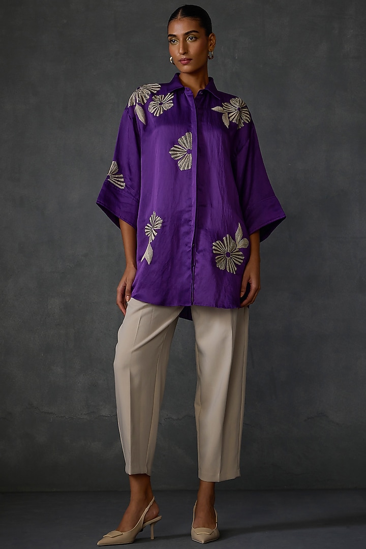 Purple Satin Floral Embellished Shirt Tunic by Namrata Joshipura at Pernia's Pop Up Shop
