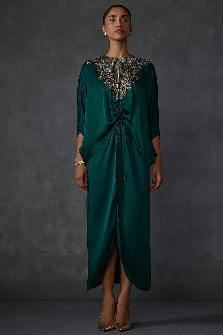 Hunter Green Satin Floral Hand Embellished Dress by Namrata Joshipura at Pernia's Pop Up Shop