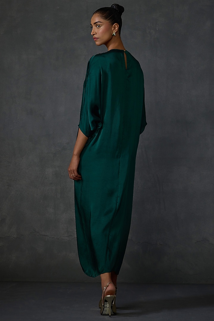 Hunter Green Satin Floral Hand Embellished Cocktail Dress by Namrata Joshipura at Pernia's Pop Up Shop