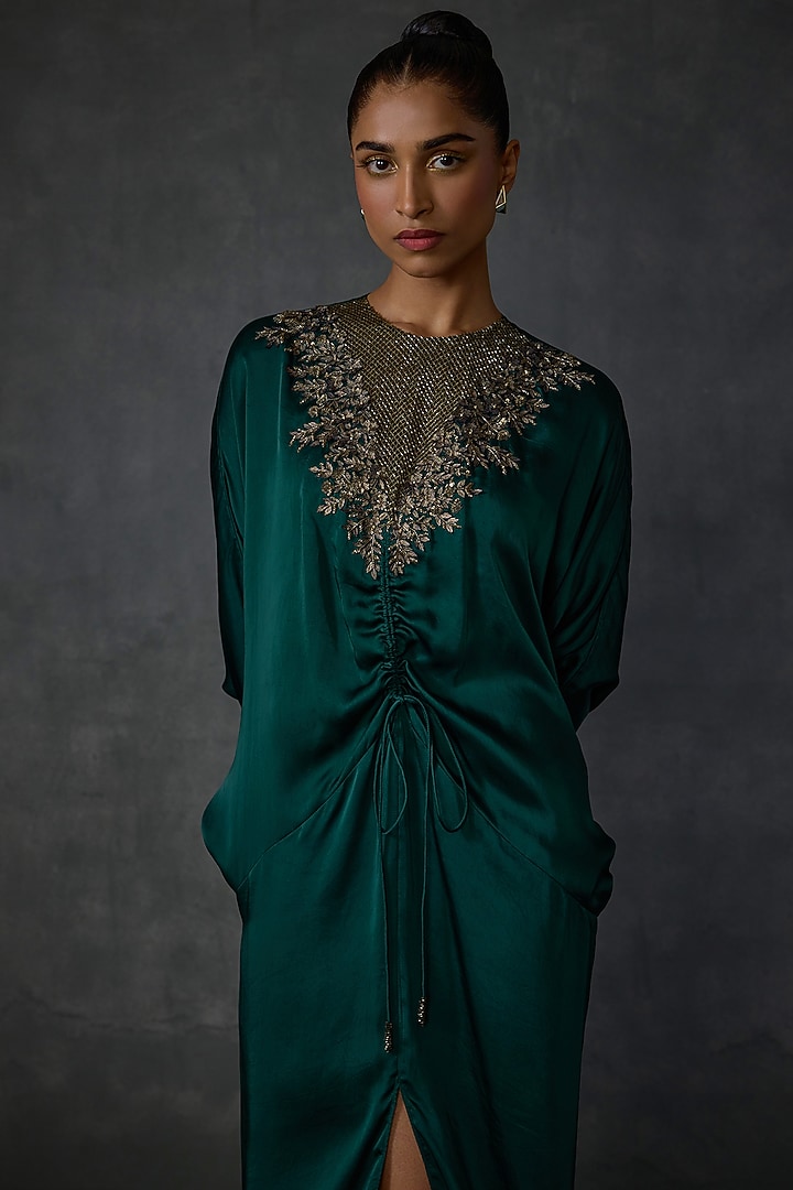 Hunter Green Satin Floral Hand Embellished Cocktail Dress by Namrata Joshipura at Pernia's Pop Up Shop
