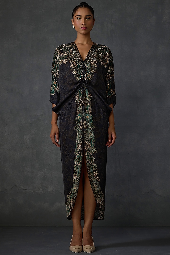 Black Satin Paisley Hand Embellished Cocktail Dress by Namrata Joshipura at Pernia's Pop Up Shop