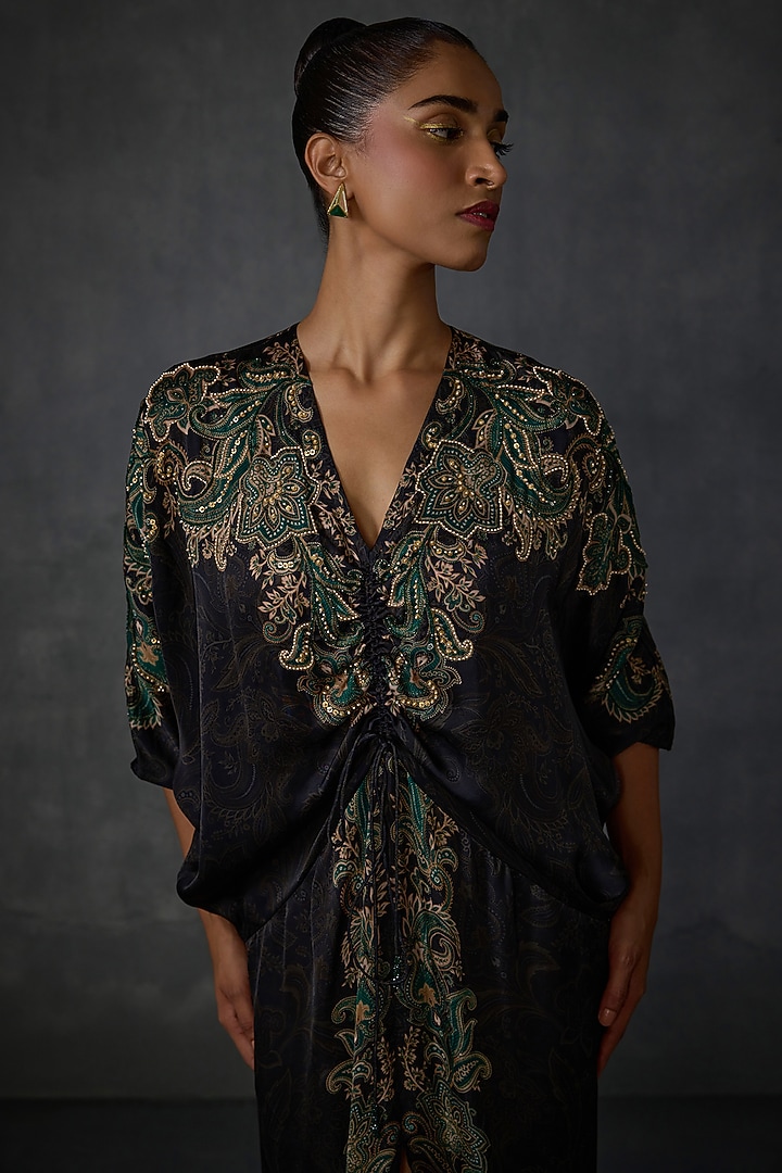 Black Satin Paisley Hand Embellished Cocktail Dress by Namrata Joshipura at Pernia's Pop Up Shop