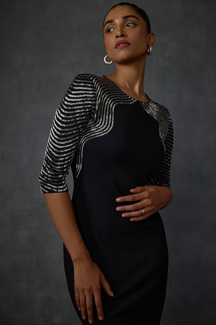 Black Jersey Layer Hand Embellished Shift Cocktail Dress by Namrata Joshipura at Pernia's Pop Up Shop