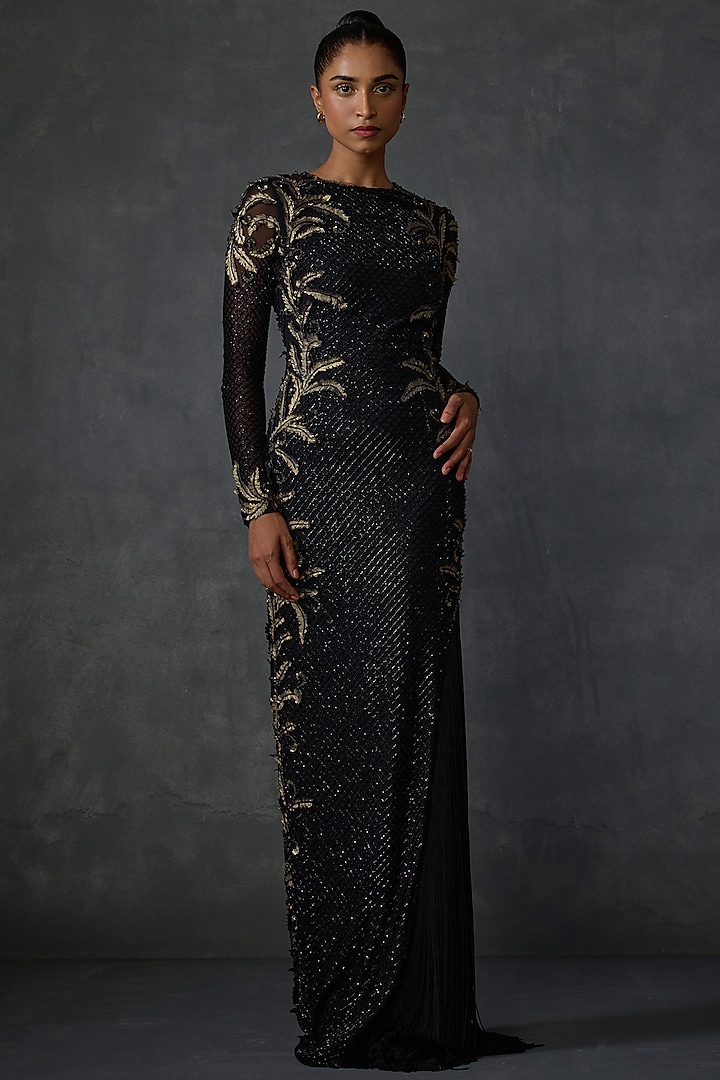 Black Georgette Fern Hand & Machine Embellished Gown by Namrata Joshipura at Pernia's Pop Up Shop