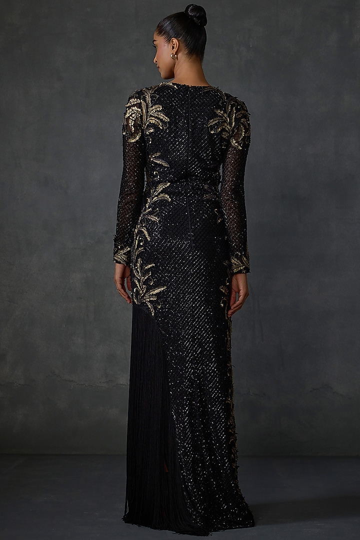 Black Georgette Fern Hand & Machine Embellished Wedding Gown by Namrata Joshipura at Pernia's Pop Up Shop