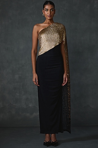 Black Jersey Hand Embellished One Shoulder Gown by Namrata Joshipura