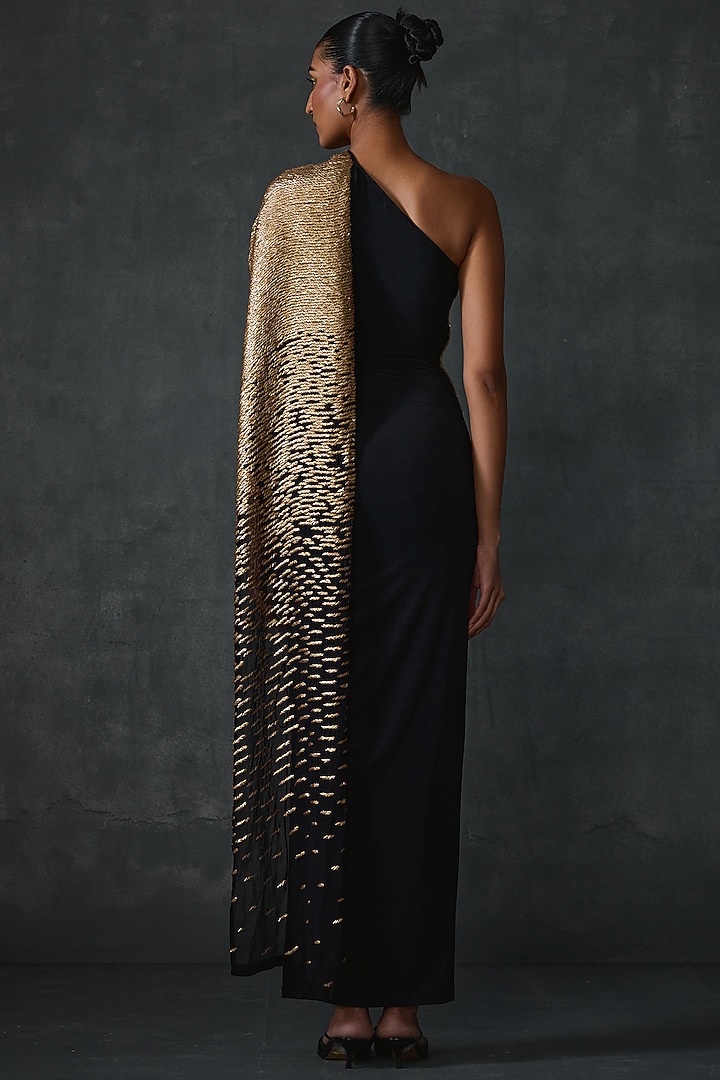 Black Jersey Hand Embellished One Shoulder Engagement Gown by Namrata Joshipura at Pernia's Pop Up Shop