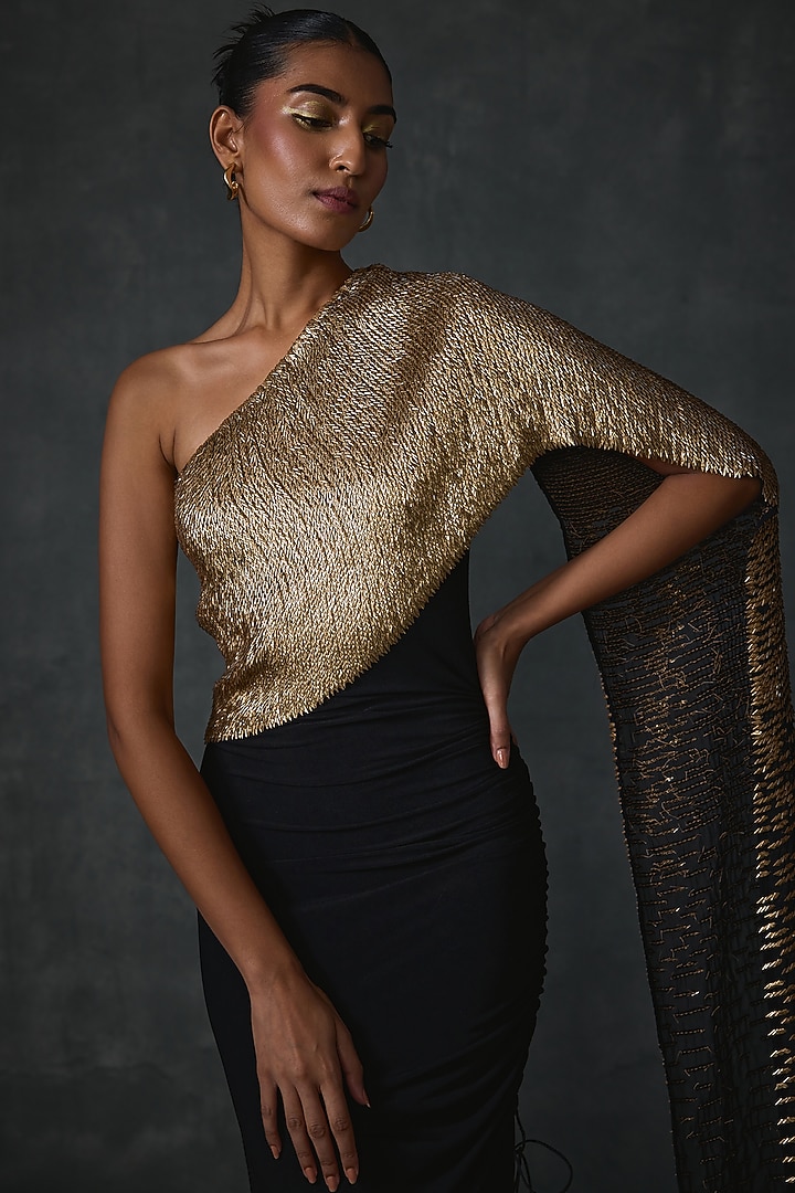 Black Jersey Hand Embellished One Shoulder Engagement Gown by Namrata Joshipura at Pernia's Pop Up Shop
