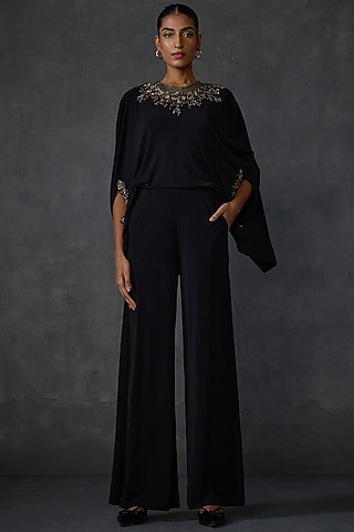 Black Jersey Hand & Machine Embellished Jumpsuit by Namrata Joshipura
